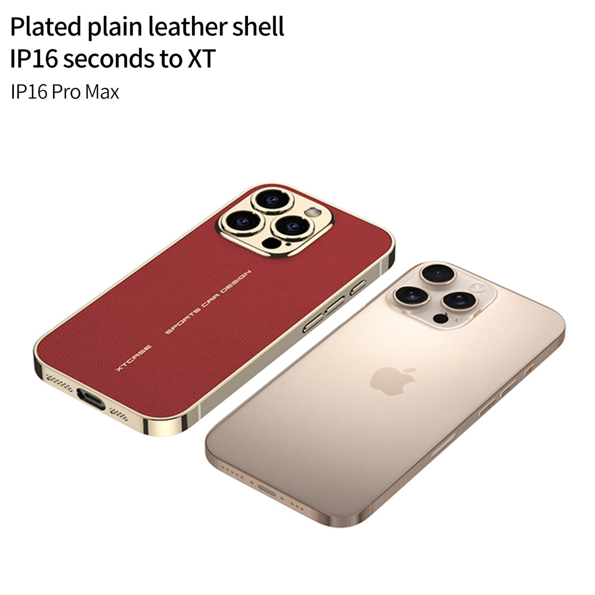 Red leather-look case with gold-tone trim lying next to a gold iPhone