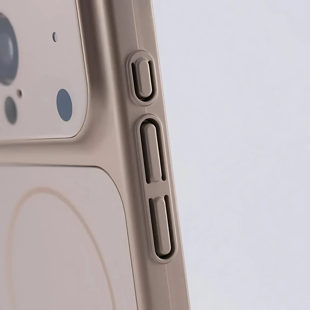 Close-up of side buttons and edge of titanium gold slim iPhone case