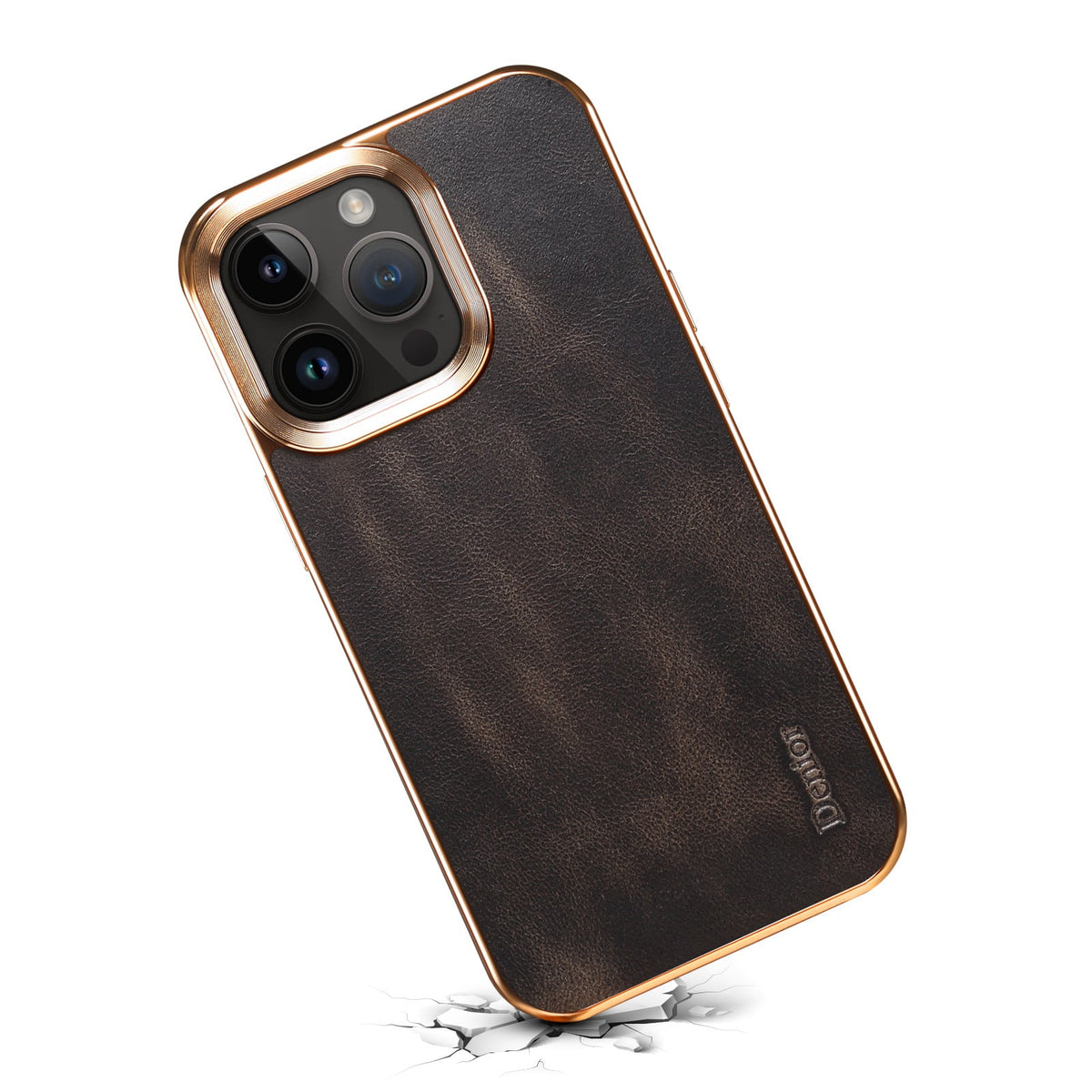 Black leather-look iPhone case tilted at an angle, showing the gold-tone corner edge