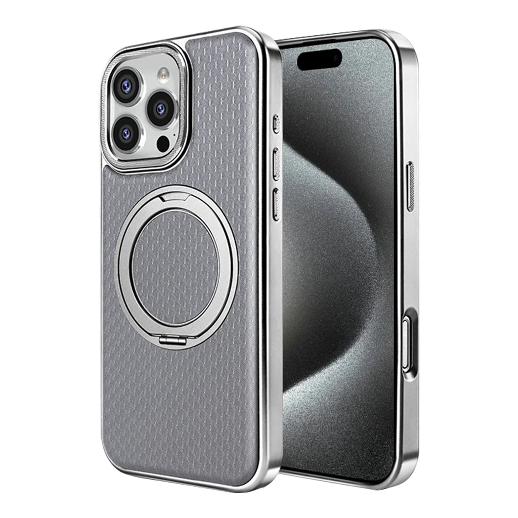 Gray textured leather case with silver ring stand on an earlier Pro model