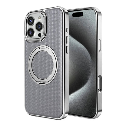 Gray textured leather case with silver ring stand on an earlier Pro model