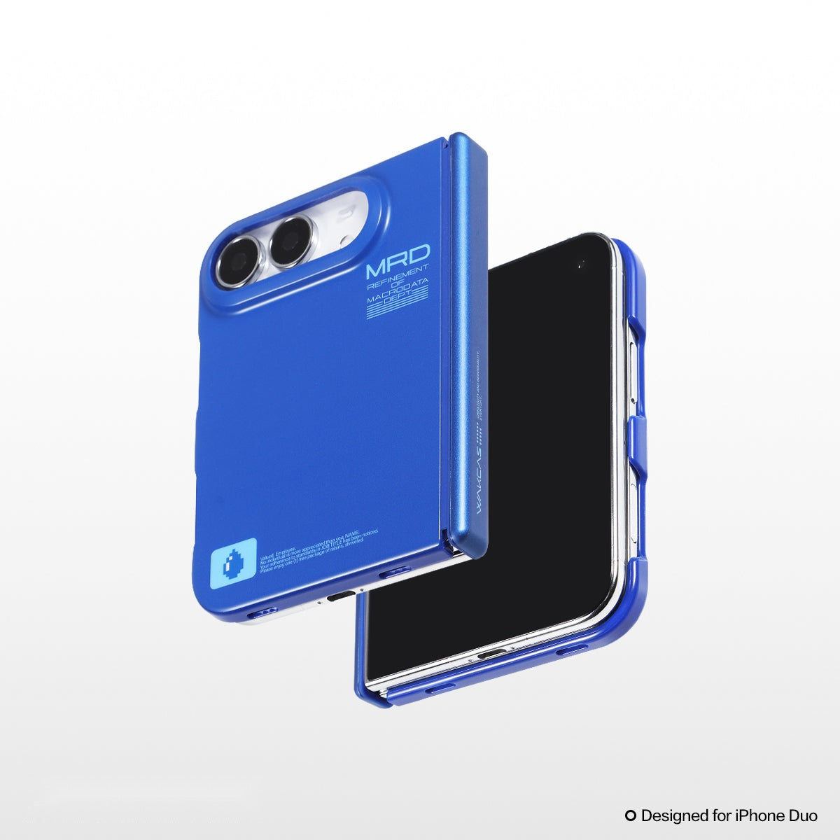 Matte blue iPhone Duo case on a white background with the inner screen visible