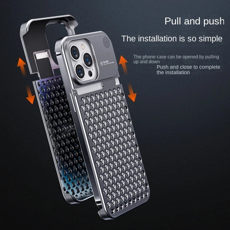 Perforated aluminum iPhone case shown sliding open for installation