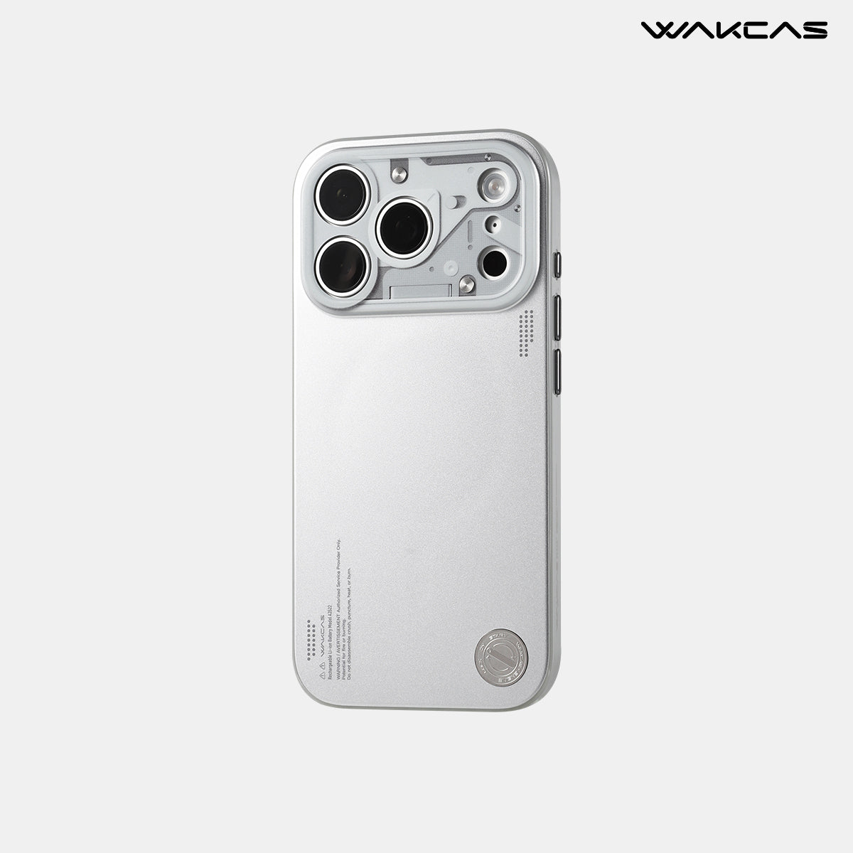 iPhone 17 Pro Max chrome silver MagSafe case with metal badge, back view