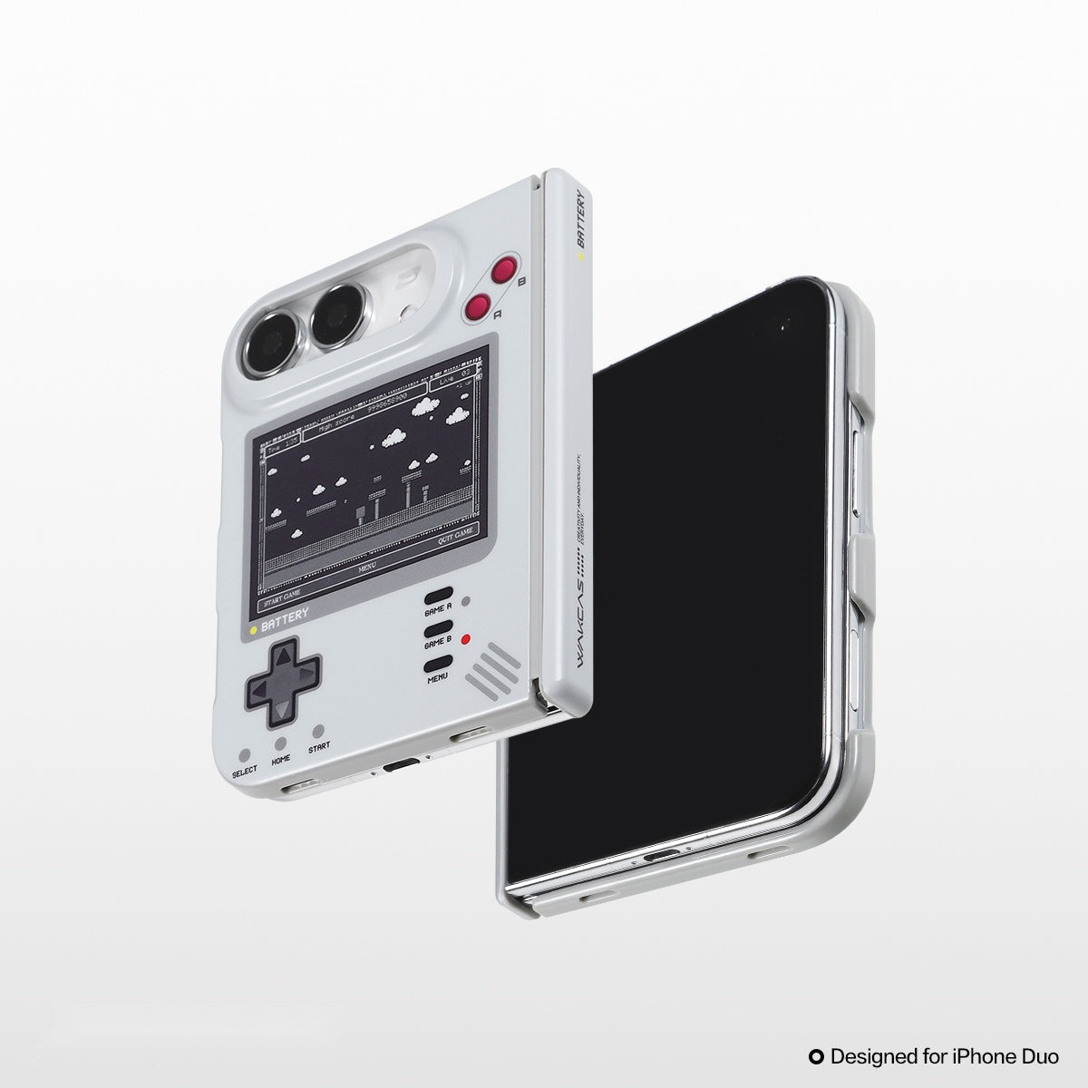 Retro handheld console case for iPhone Duo with the phone's inner screen shown