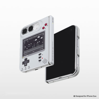Retro handheld console case for iPhone Duo with the phone's inner screen shown