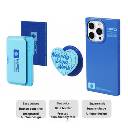 Matte blue case with the heart stand and card holder shown together