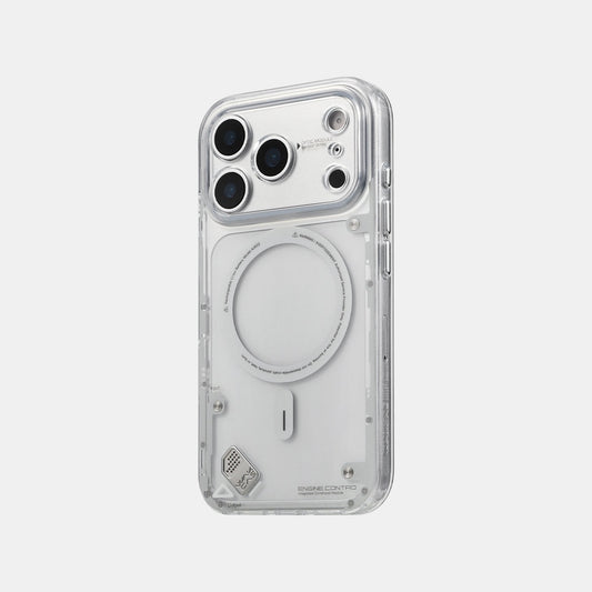 Clear MagSafe case for iPhone 17 Pro Max with silver magnetic ring and metal badge, back view