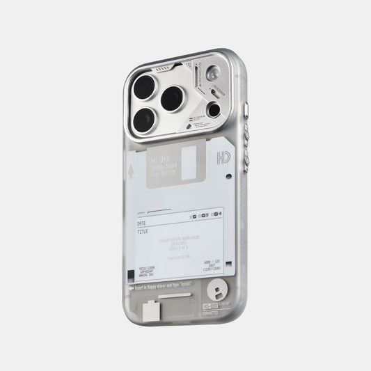 Floppy disk design MagSafe iPhone case with silver lens guard, rear view