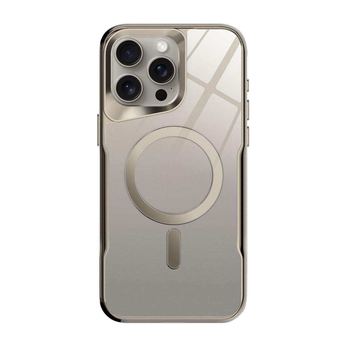 Titanium-frame clear MagSafe iPhone case with lens rings