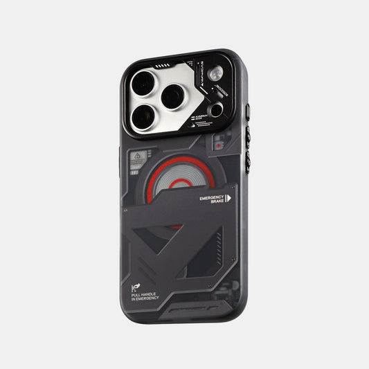 Matte black emergency panel iPhone case with red ring graphic, rear view