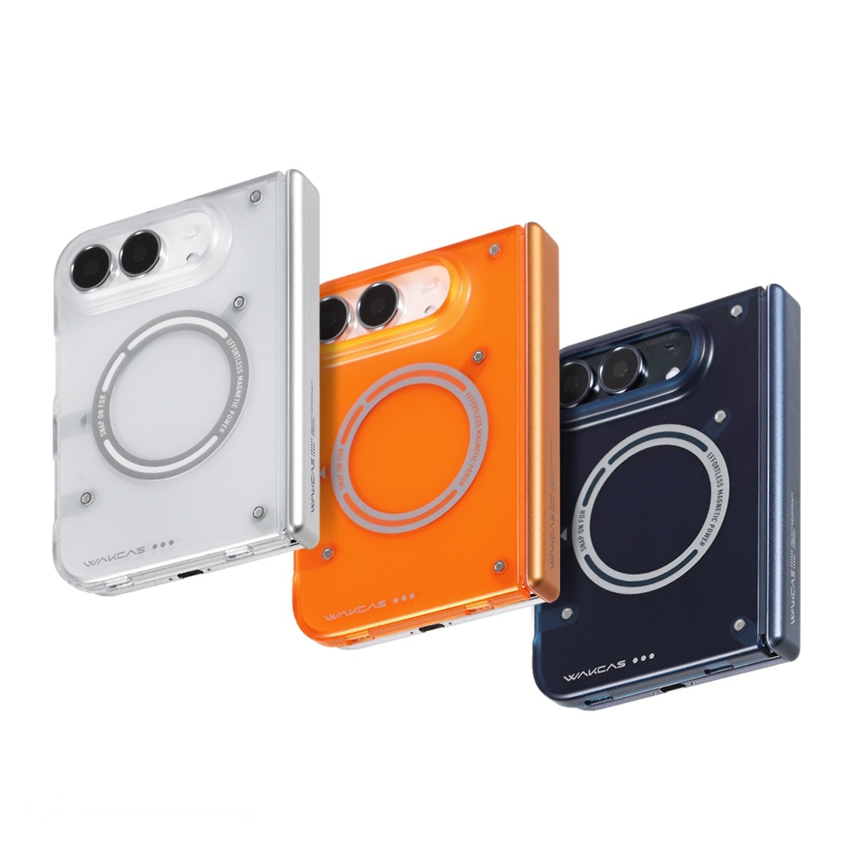 Transparent White, Orange and Blue frosted iPhone Duo cases in a row