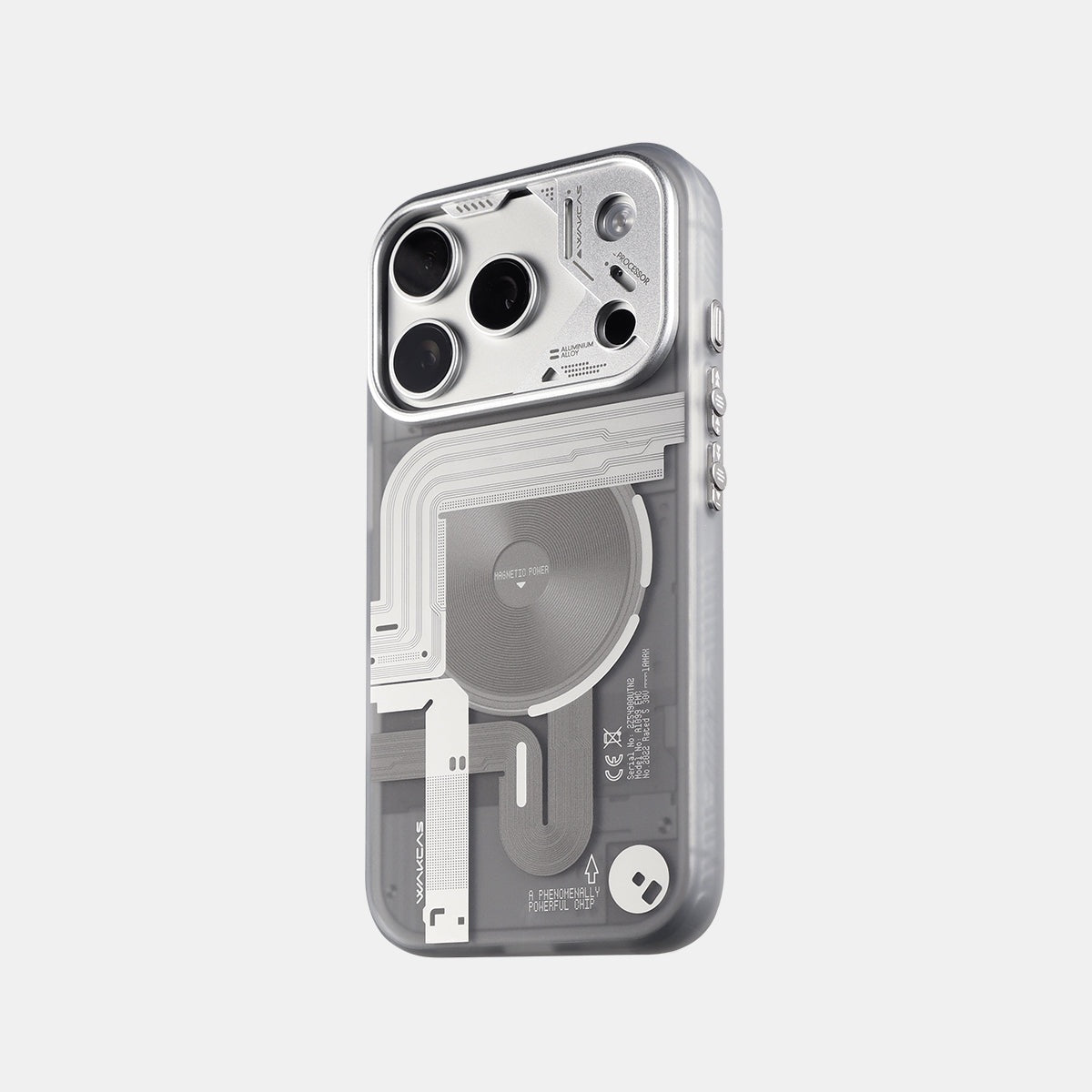 Frosted gray mechanical-design MagSafe iPhone case, rear view