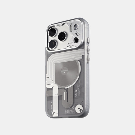 Frosted gray mechanical-design MagSafe iPhone case, rear view