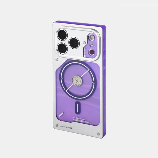 Square purple and silver MagSafe iPhone case, rear view