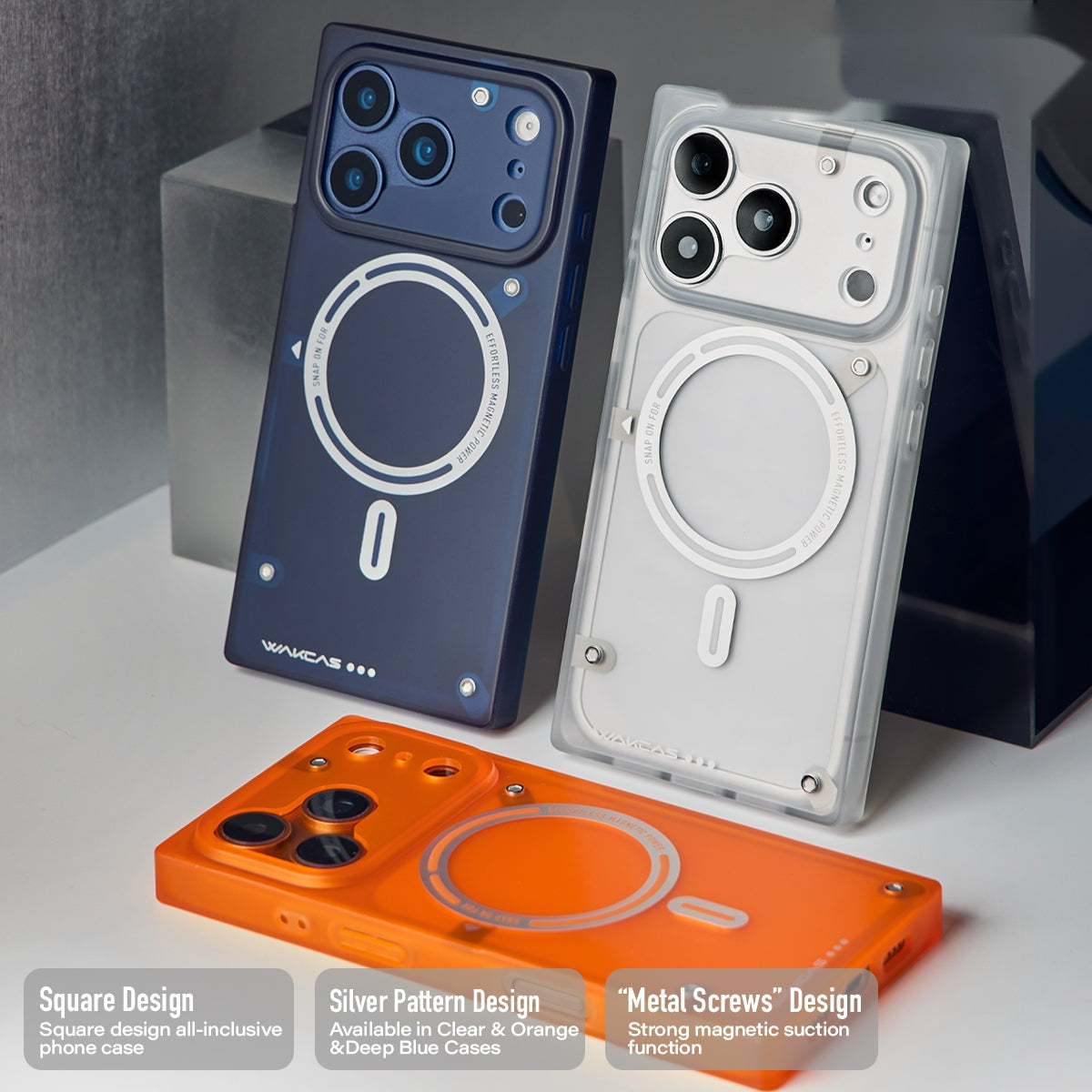 Blue and white square iPhone cases standing with orange case lying flat