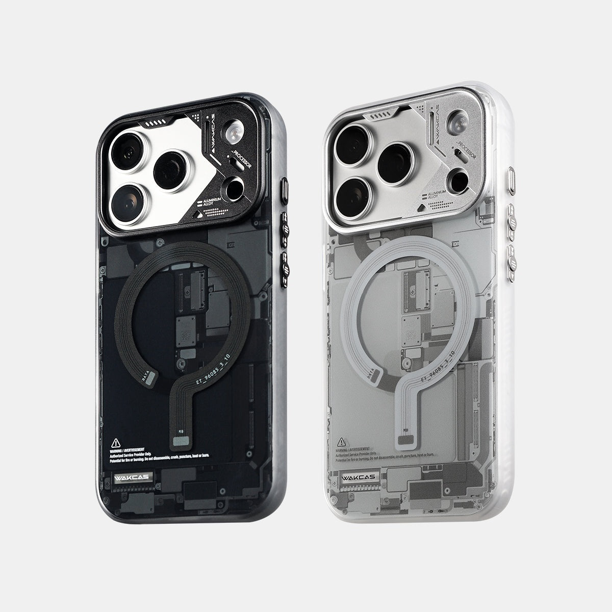 Black and grey circuit board cases side by side, rear view