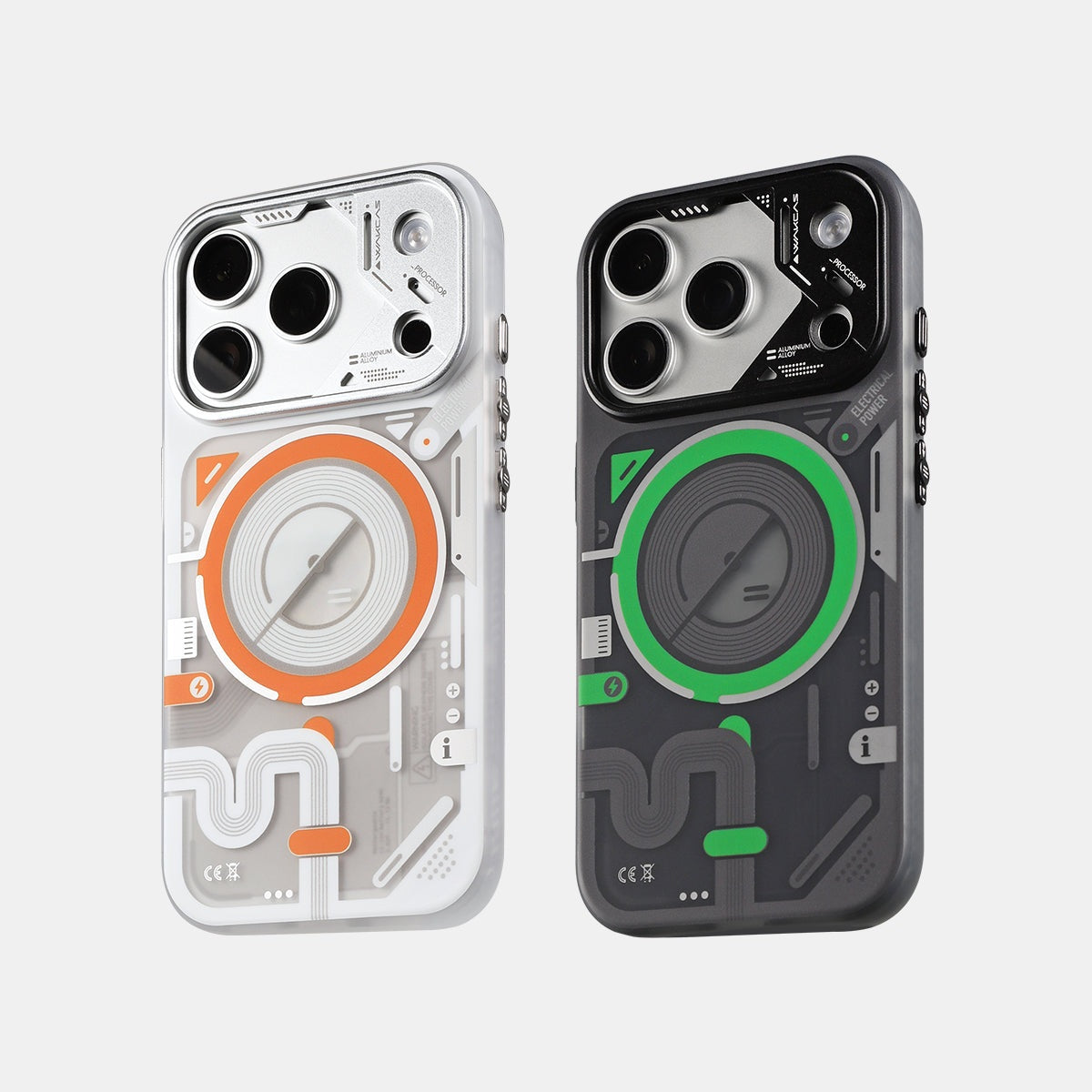 White-orange and black-green cases side by side