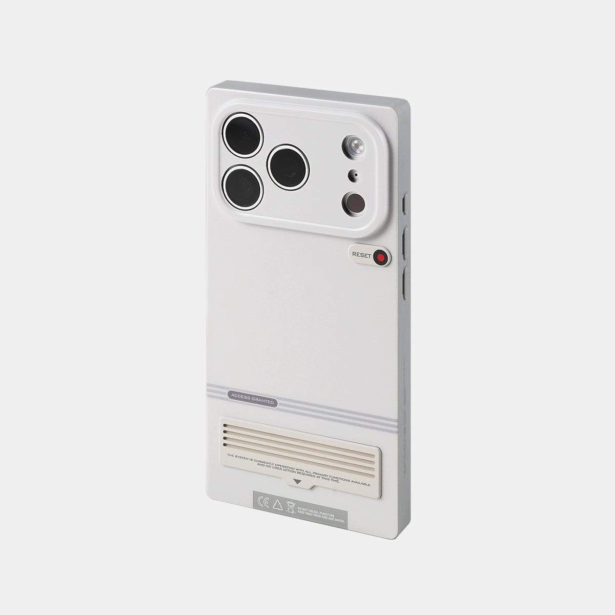 Gray square retro terminal MagSafe iPhone case, rear view
