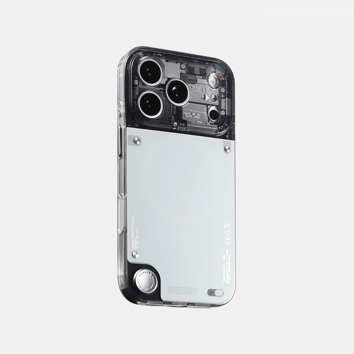 Gloss see-through MagSafe iPhone case with mechanical graphics around the camera