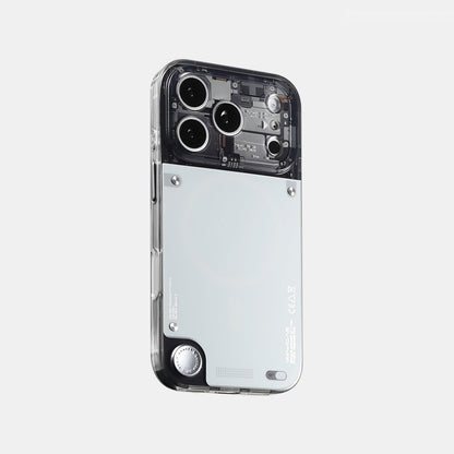 Gloss see-through MagSafe iPhone case with mechanical graphics around the camera