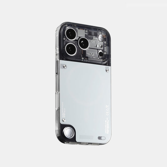 Gloss see-through MagSafe iPhone case with mechanical graphics around the camera
