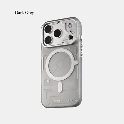 Frosted gray translucent case in deep gray, back view