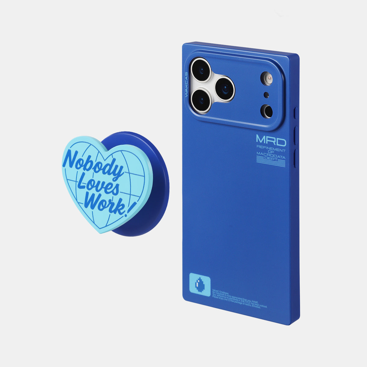 Matte blue case with the heart magnetic stand on a light gray background
