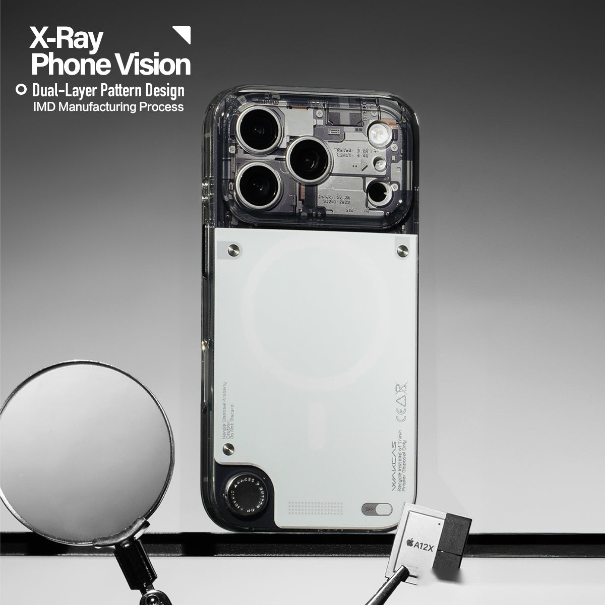 Gloss see-through iPhone case beside a magnifying glass, showing IMD layers