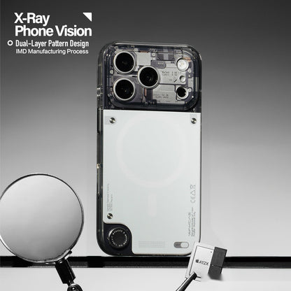 Gloss see-through iPhone case beside a magnifying glass, showing IMD layers