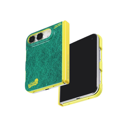 Green and yellow cleaning sponge MagSafe case for iPhone Duo beside the phone screen