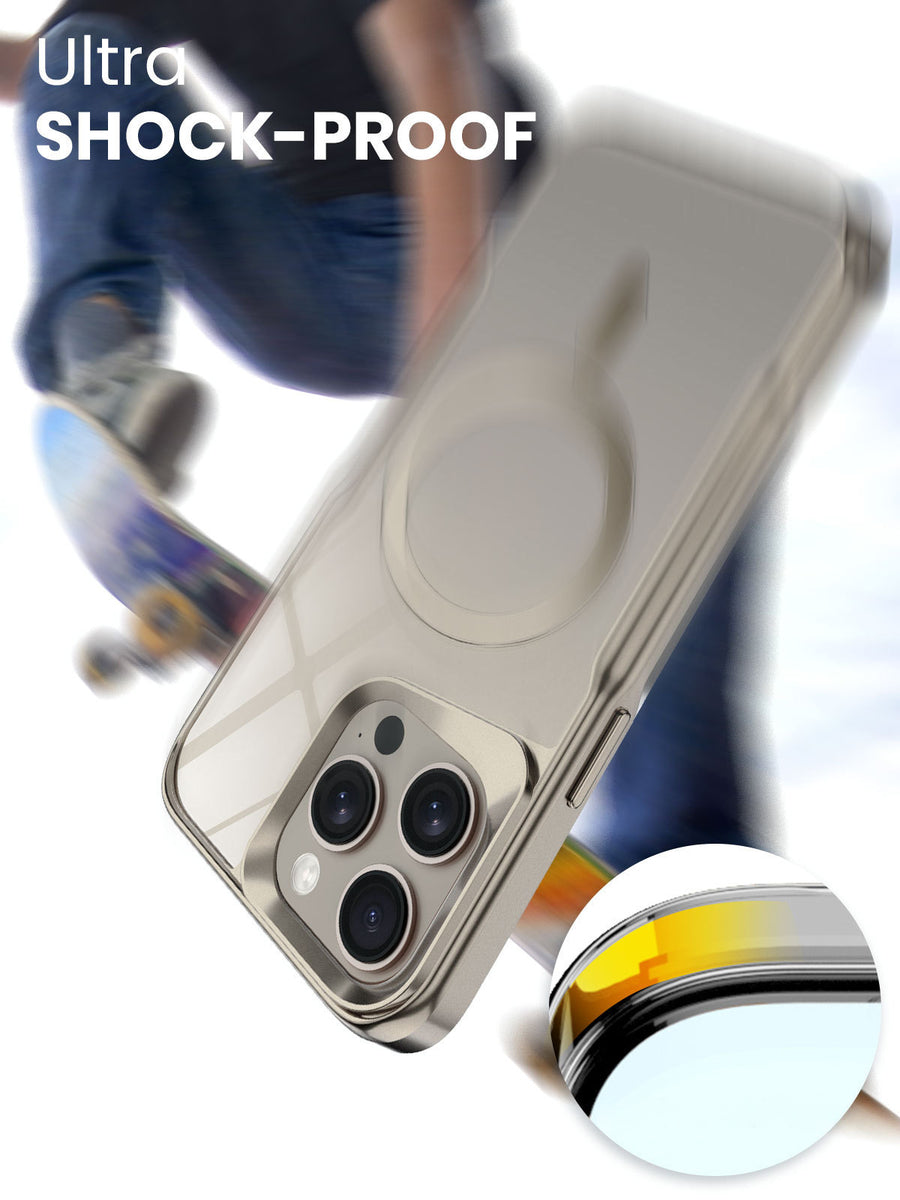 Clear titanium-frame iPhone case shown in motion with a skateboarder