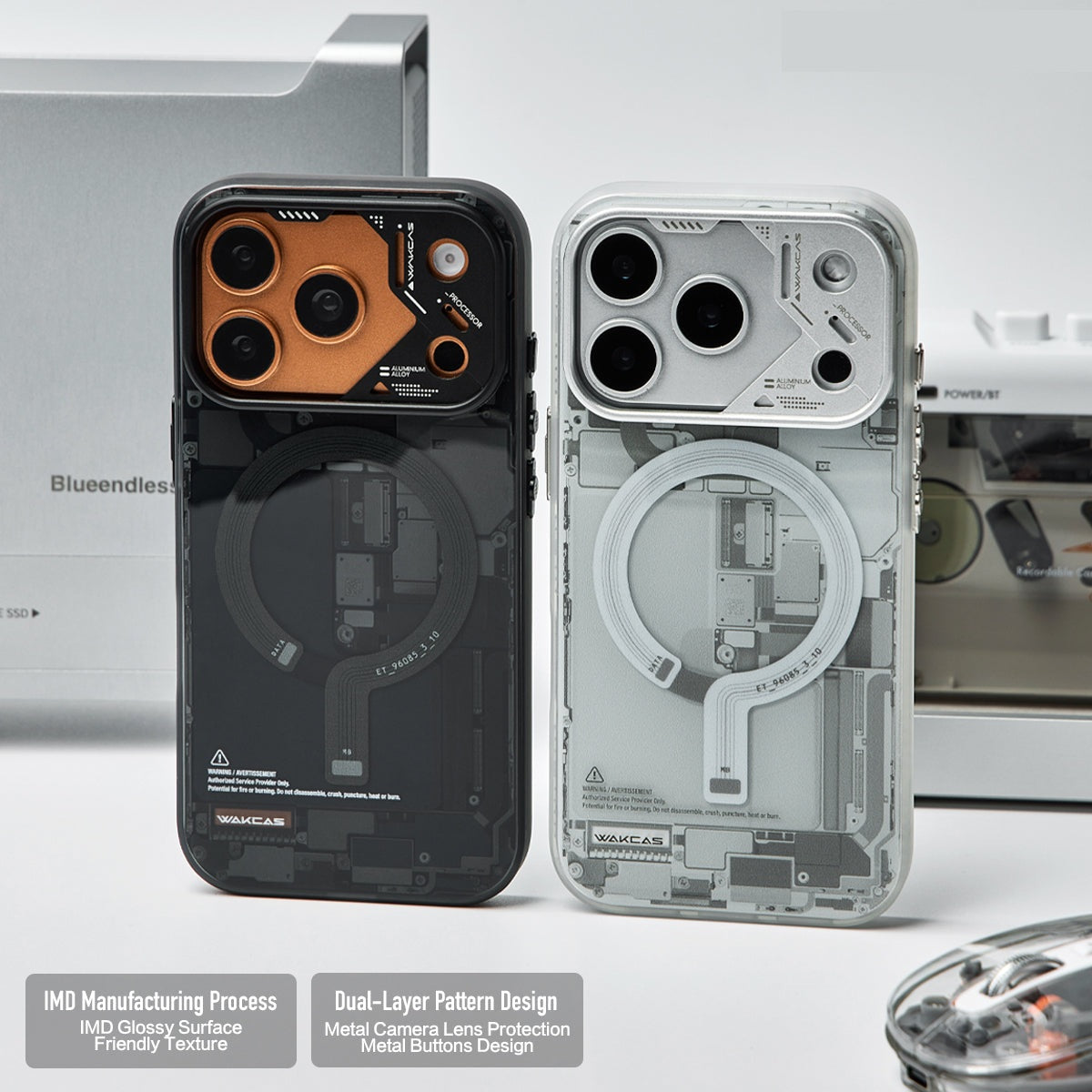 Black and grey circuit board cases displayed with retro tech props