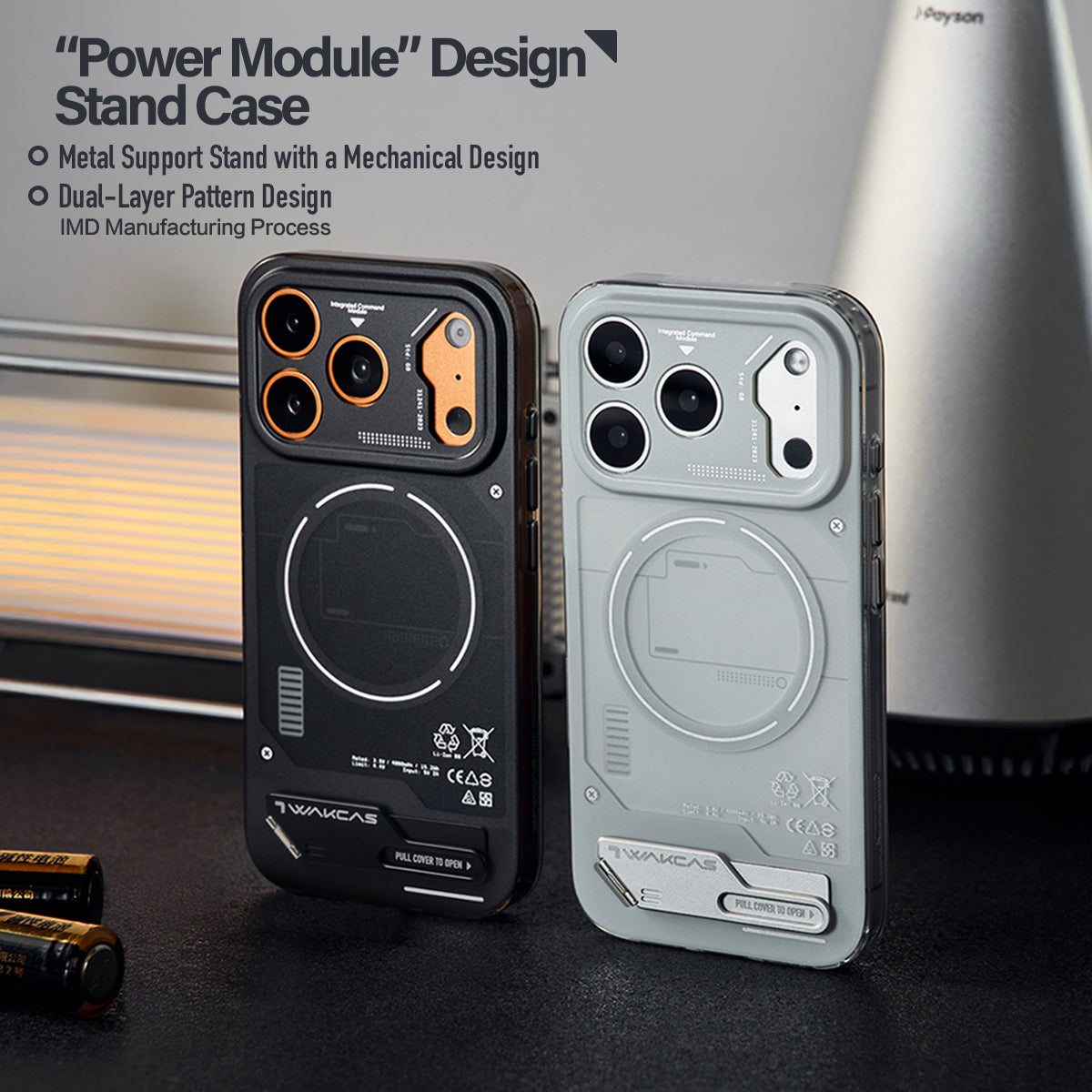 Black and grey battery module cases with feature callouts