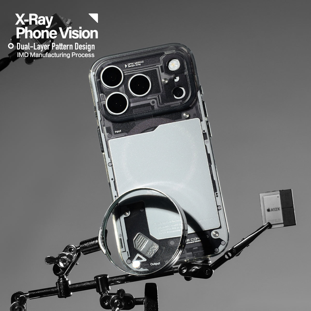 Black see-through case behind a magnifying glass prop
