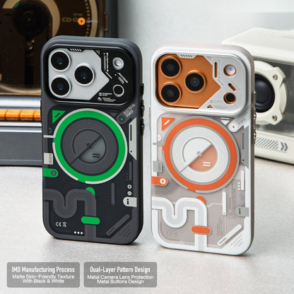 Black-green and white-orange cases with feature callouts