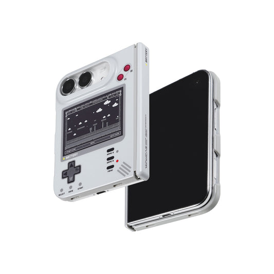 Gray retro handheld console MagSafe case for iPhone Duo beside the open phone screen