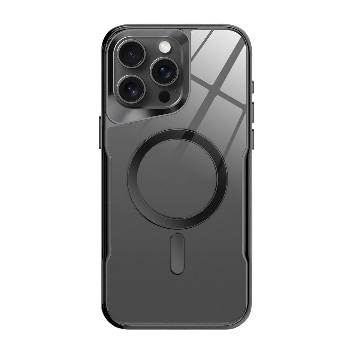 Black-frame clear MagSafe iPhone case with lens rings