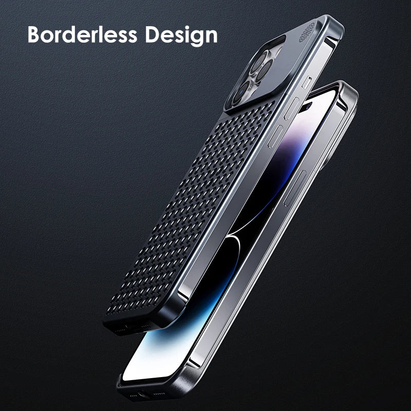 Gray frameless aluminum iPhone case showing borderless side edge