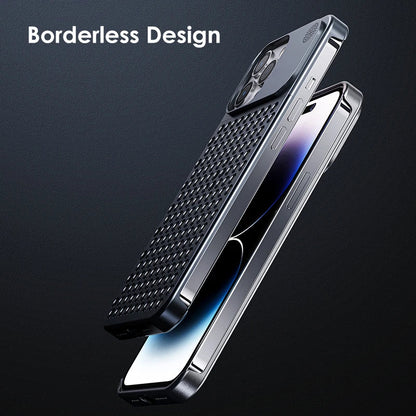 Gray frameless aluminum iPhone case showing borderless side edge