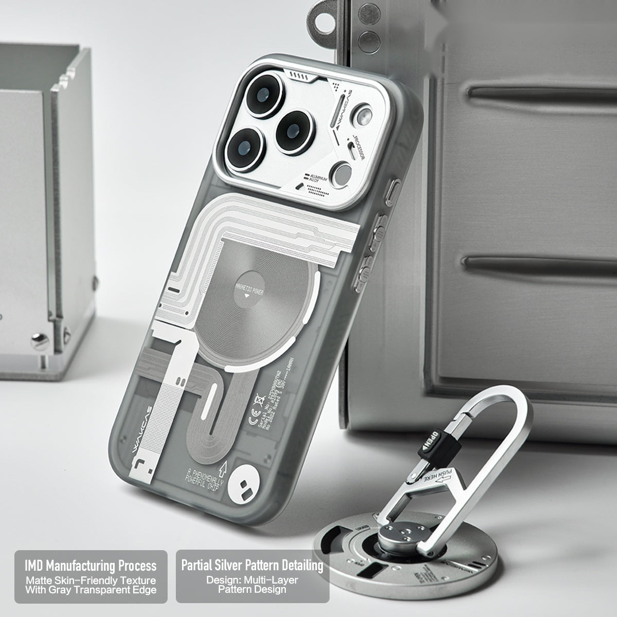 Frosted mechanical case with the stand resting beside it