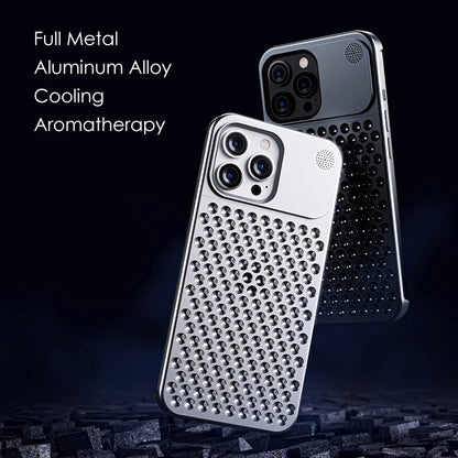 Silver and gray perforated aluminum iPhone cases on dark background