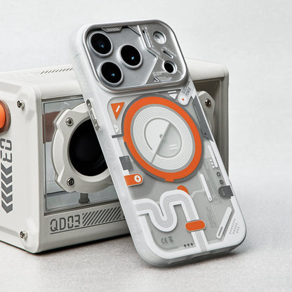 White and orange case leaning on a retro speaker