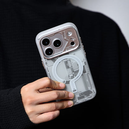 Hand holding the grey circuit board case against a dark sweater