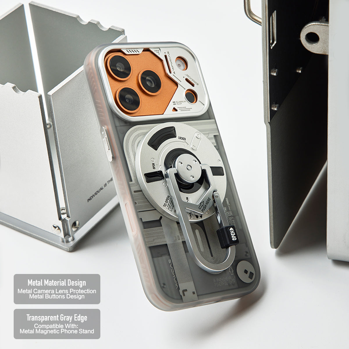 Frosted mechanical case on an orange iPhone with stand attached