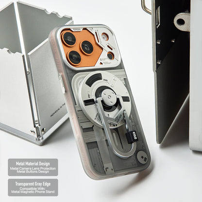 Frosted mechanical case on an orange iPhone with stand attached