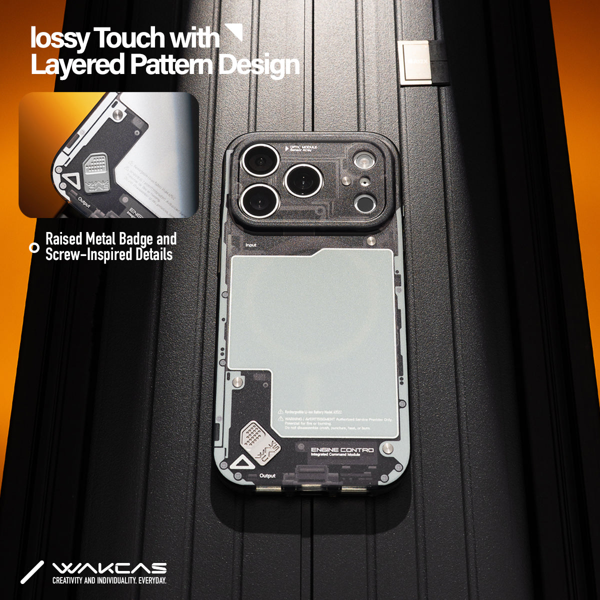 Black see-through case on a dark surface with raised badge callout