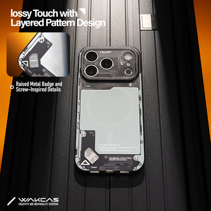 Black see-through case on a dark surface with raised badge callout