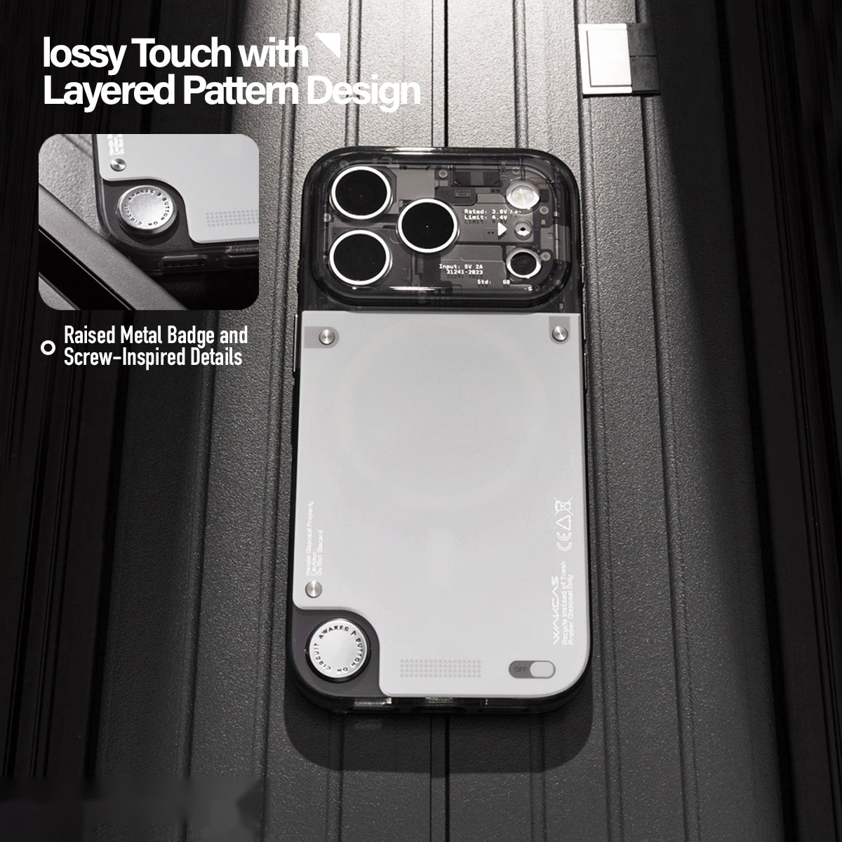 Close-up of metal badge and layered graphics on gloss iPhone case