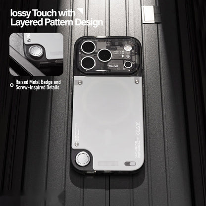 Close-up of metal badge and layered graphics on gloss iPhone case